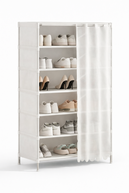 Scarpiera 7 Ripiani con Tenda – Colore Bianco – Struttura in Metallo e Ripiani in Stoffa – Organizer Salvaspazio 58x26x110 cm per Ingresso, Camera e Ripostiglio
