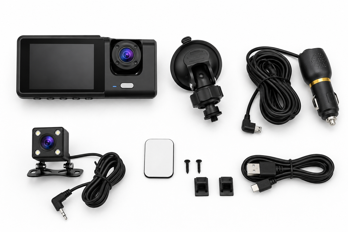 Dashcam Auto 1080P con Telecamera Posteriore, Videocamera per Auto con Display Integrato, Supporto a Ventosa, Registrazione Anteriore e Posteriore, Alimentazione da Auto