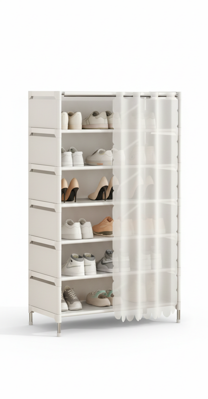 Scarpiera 7 Ripiani con Tenda – Colore Bianco – Struttura in Metallo e Ripiani in Stoffa – Organizer Salvaspazio 58x26x110 cm per Ingresso, Camera e Ripostiglio