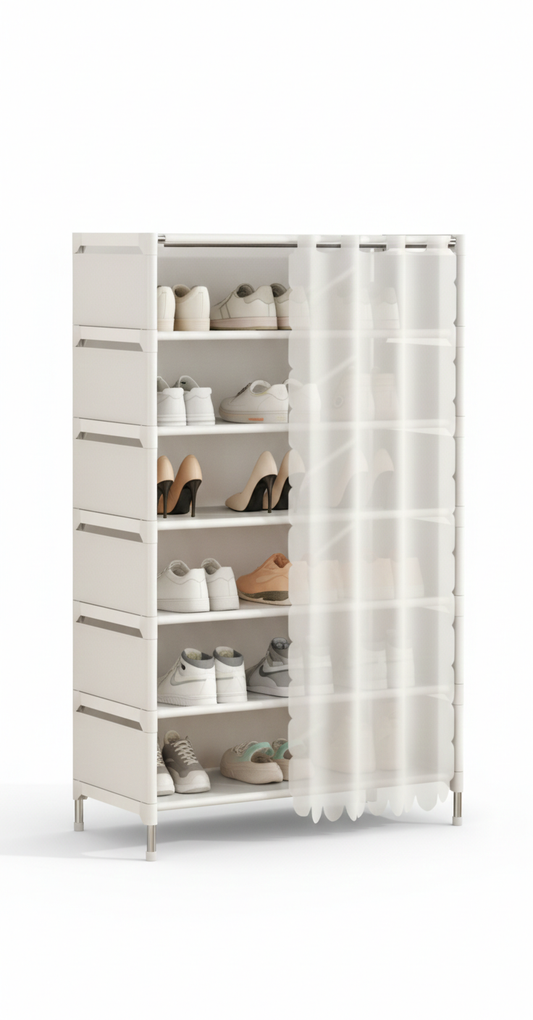 Scarpiera 7 Ripiani con Tenda – Colore Bianco – Struttura in Metallo e Ripiani in Stoffa – Organizer Salvaspazio 58x26x110 cm per Ingresso, Camera e Ripostiglio