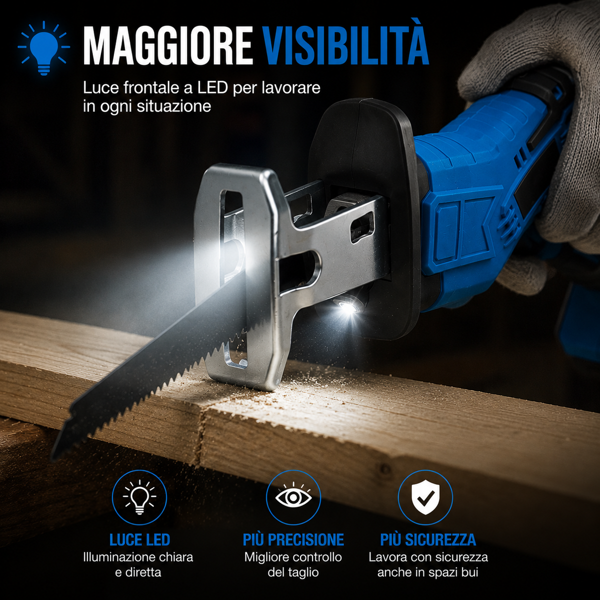 Seghetto a Batteria Portatile con 4 Lame Intercambiabili e Valigetta, Sega a Gattuccio Compatta e Maneggevole con Luce Frontale, per Taglio Legno, Metallo, Fai da Te e Manutenzi