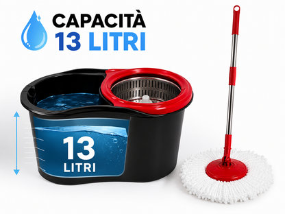 Mocio Rotante con Secchio 13 Litri, Sistema di Strizzatura con Cestello Rotante, Manico Telescopico 90-115 cm, Testa Snodabile 180°, Panno in Microfibra per Pavimenti, Casa e Pulizia