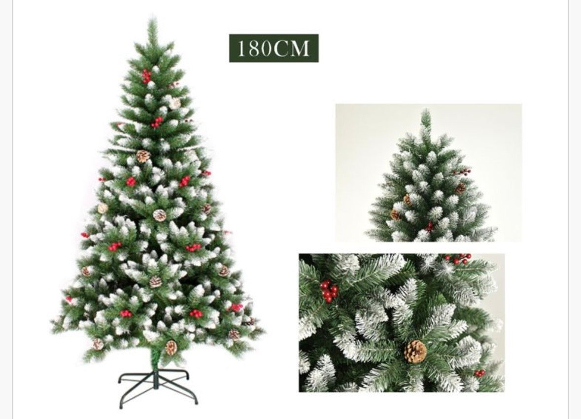Albero di Natale Artificiale Flocked 120cm, Effetto Neve, Pigne e Bacche Rosse, Base Inclusa