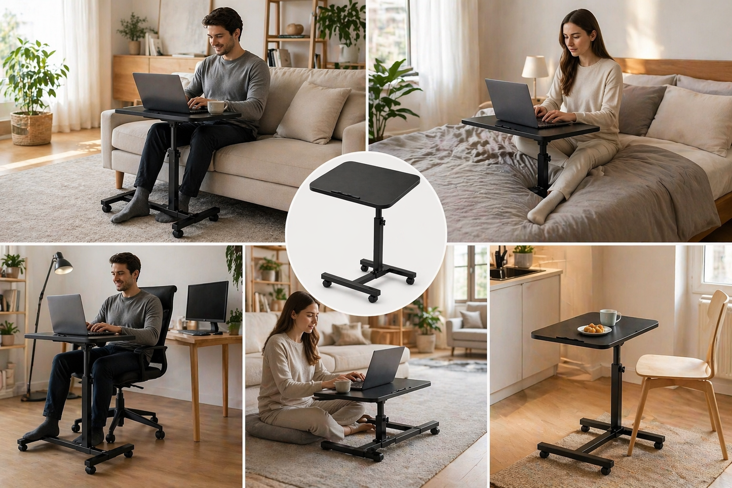 Tavolino Laptop Regolabile con Ruote, Tavolo PC per Divano e Letto, Altezza Regolabile 59–89 cm, Tavolino Porta Notebook Girevole 360°, Scrivania Salvaspazio per Casa Ufficio