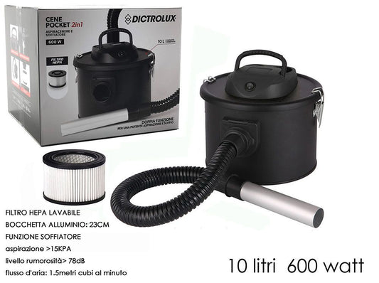 Aspiracenere Elettrico 2 in 1 con Filtro HEPA Lavabile – 10 Litri, 600W, Funzione Soffiatore