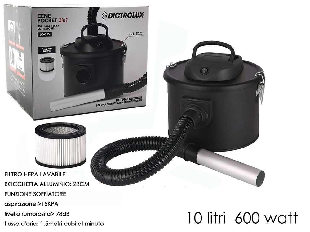 Aspiracenere Elettrico 2 in 1 con Filtro HEPA Lavabile – 10 Litri, 600W, Funzione Soffiatore