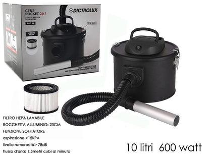 Aspiracenere Elettrico 2 in 1 con Filtro HEPA Lavabile – 10 Litri, 600W, Funzione Soffiatore