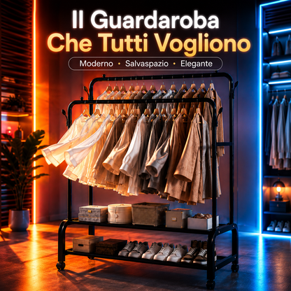 Appendiabiti Doppio con Ruote in Metallo Nero, Stand Appendiabiti Salvaspazio con 2 Barre e Ripiani Porta Scarpe, Attaccapanni Moderno per Camera da Letto, Ingresso, Negozio e Cabina Armadio