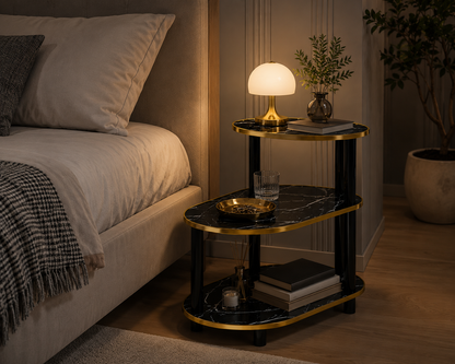 Tavolino da Salotto Nero Marmo Oro, Tavolino Laterale Moderno a 3 Ripiani, Mobile Bar Elegante Multiuso, Comodino Design Scandinavo con Struttura in Metallo Nero e Bordi Oro, 60x30x68 cm
