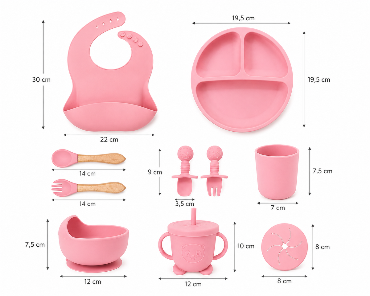 Set Pappa Svezzamento Neonati in Silicone Rosa, Kit Pappa Bambini con Piatto Ventosa, Ciotola, Bavaglino, Bicchiere, Tazza con Cannuccia e Posate, Set Alimentazione Baby Food Grade BPA Free