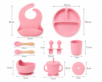 Set Pappa Svezzamento Neonati in Silicone Rosa, Kit Pappa Bambini con Piatto Ventosa, Ciotola, Bavaglino, Bicchiere, Tazza con Cannuccia e Posate, Set Alimentazione Baby Food Grade BPA Free