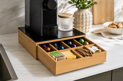 Cassetto Portacapsule Caffè in Bamboo con Piano in Vetro Temperato, Organizer Capsule e Cialde, Porta Capsule Compatibile Nespresso, Porta Capsule con Cassetto per Cucina, 30x30x10 cm