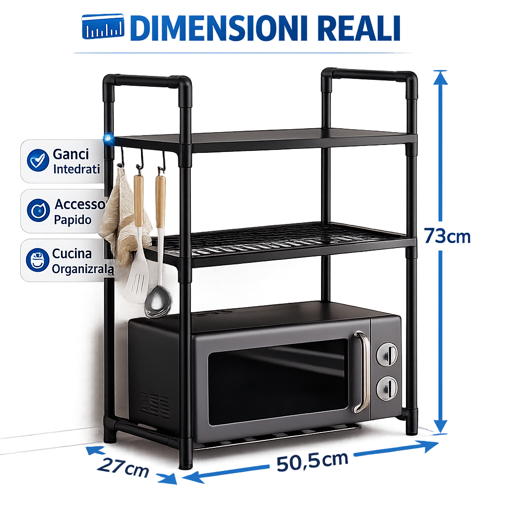 Scaffale Porta Microonde da Cucina 3 Ripiani con Ganci Laterali, Organizer Salvaspazio in Metallo, Mensola per Microonde e Dispensa, Porta Spezie e Accessori Cucina, 50,5 x 27 x 73 cm Nero
