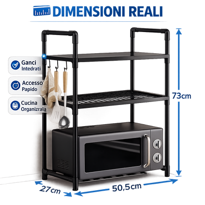 Scaffale Porta Microonde da Cucina 3 Ripiani con Ganci Laterali, Organizer Salvaspazio in Metallo, Mensola per Microonde e Dispensa, Porta Spezie e Accessori Cucina, 50,5 x 27 x 73 cm Nero