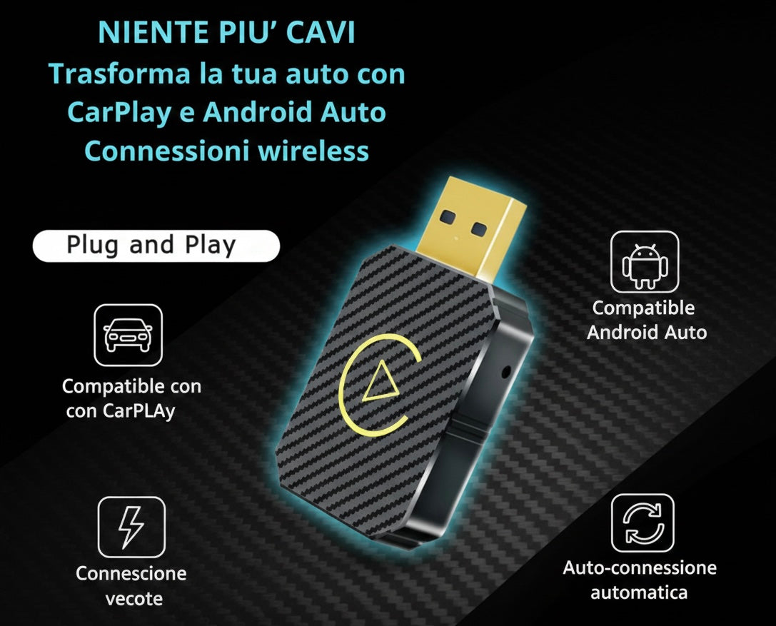 Adattatore Wireless per CarPlay e Android Auto, Convertitore Senza Fili Plug & Play, Dongle USB per Auto con CarPlay Cablato, Connessione Automatica Bluetooth WiFi, Compatibile iOS e Android