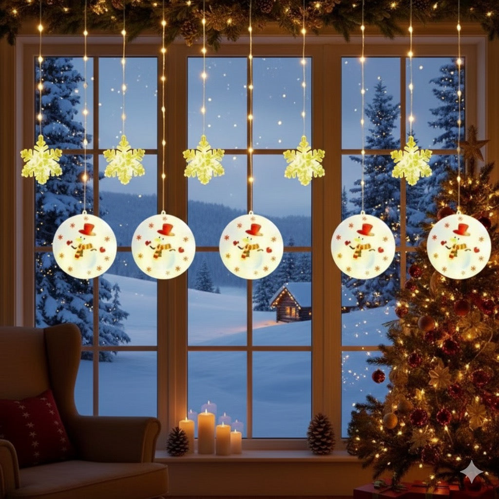🎅 Decorazioni Natalizie Luminose LED – Pupazzo di Neve & Fiocchi di Neve 3m