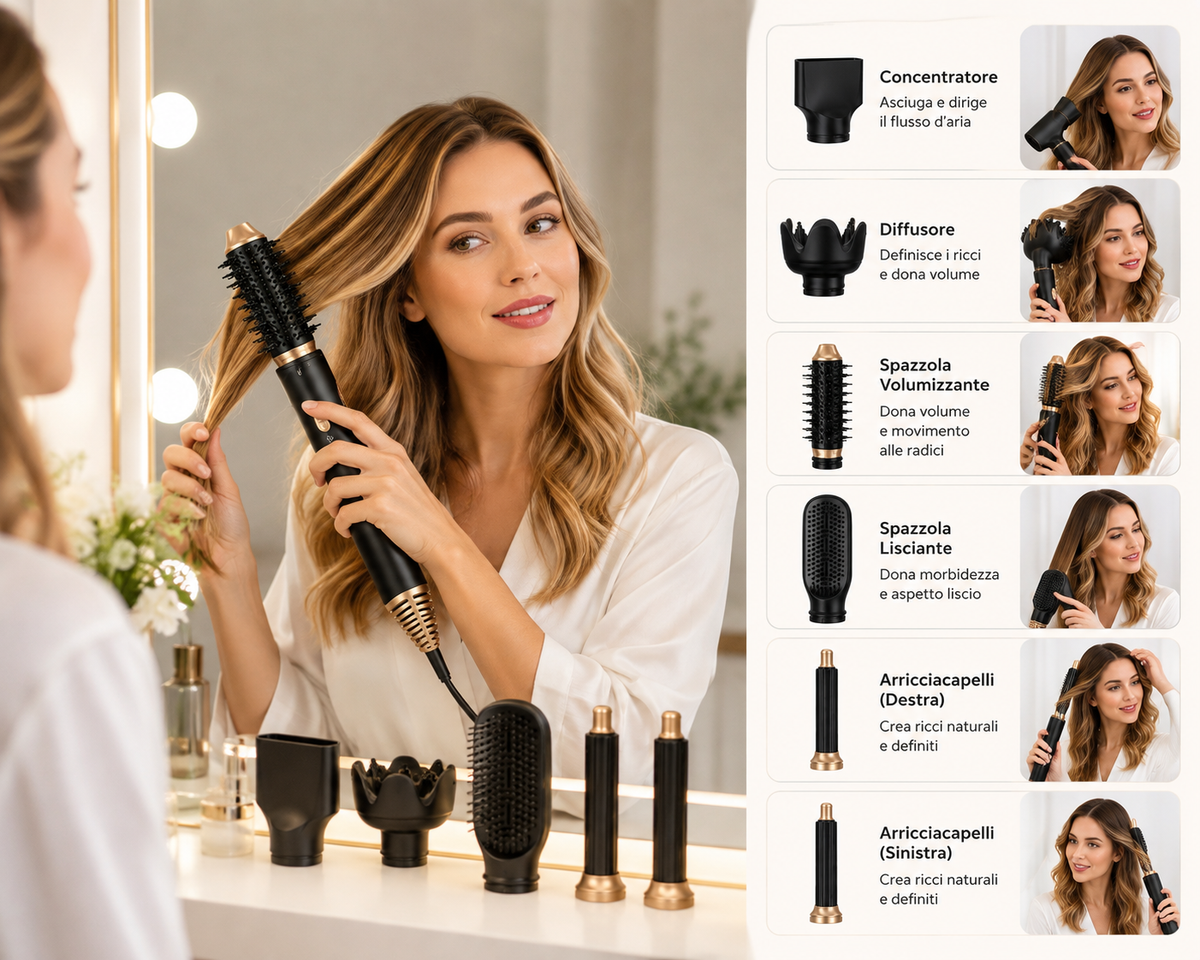 Asciugacapelli 6 in 1 con Accessori Intercambiabili, Styler per Capelli con Spazzola Volumizzante, Spazzola Lisciante, Diffusore, Concentratore e Accessori Arricciacapelli, Nero e Oro