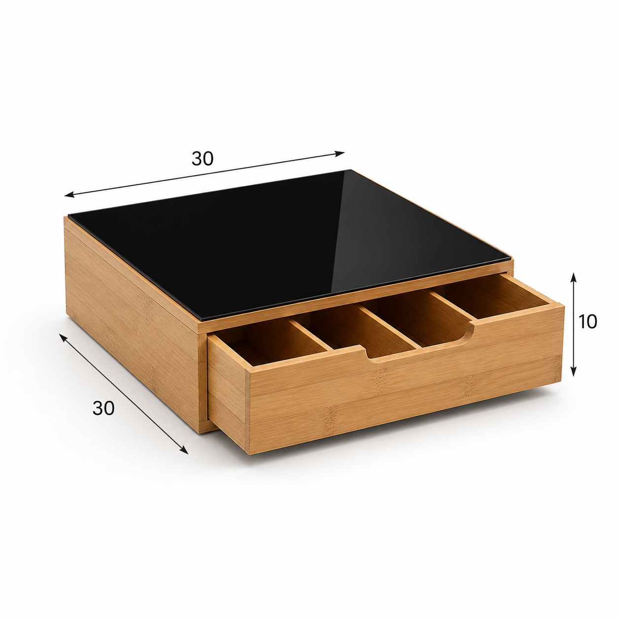 Cassetto Portacapsule Caffè in Bamboo con Piano in Vetro Temperato, Organizer Capsule e Cialde, Porta Capsule Compatibile Nespresso, Porta Capsule con Cassetto per Cucina, 30x30x10 cm