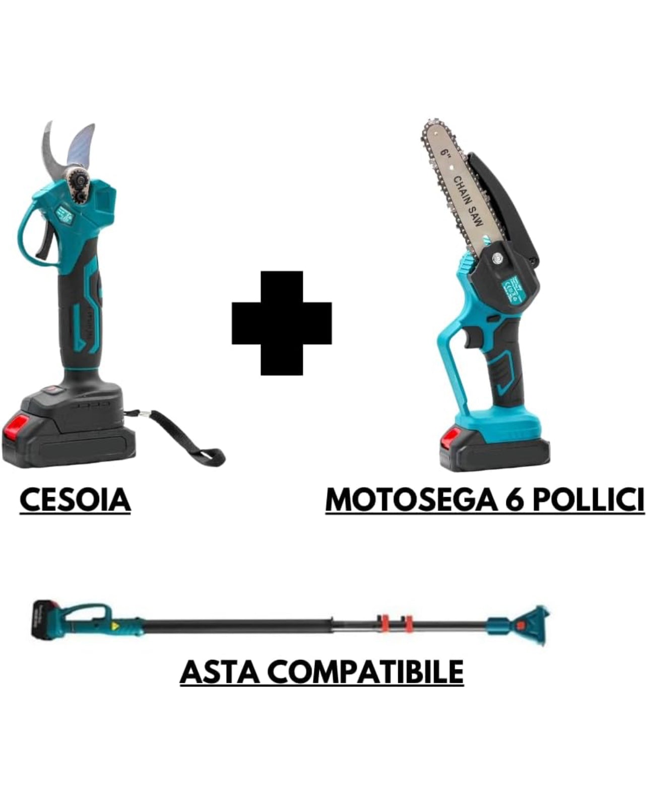 Kit Potatura 3 in 1 a Batteria: Forbici Elettriche + Mini Motosega 6” + Asta Telescopica 128–248 cm, Potatore a Palo per Giardino Viti e Arbusti - BDIT ACCESSORI