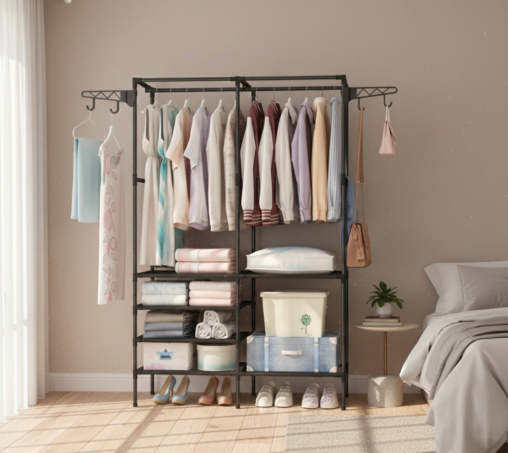 Scaffale Appendiabiti Multifunzionale in Metallo 108x36x170 cm – Armadio Aperto con Doppia Barra, Ripiani Portaoggetti, Ganci Laterali e Porta Scarpe – Organizer Salvaspazio per Camera, Ingresso, Cabina Armadio