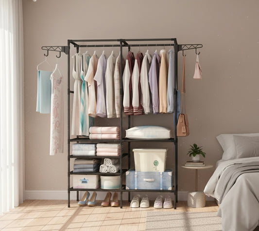 Scaffale Appendiabiti Multifunzionale in Metallo 108x36x170 cm – Armadio Aperto con Doppia Barra, Ripiani Portaoggetti, Ganci Laterali e Porta Scarpe – Organizer Salvaspazio per Camera, Ingresso, Cabina Armadio