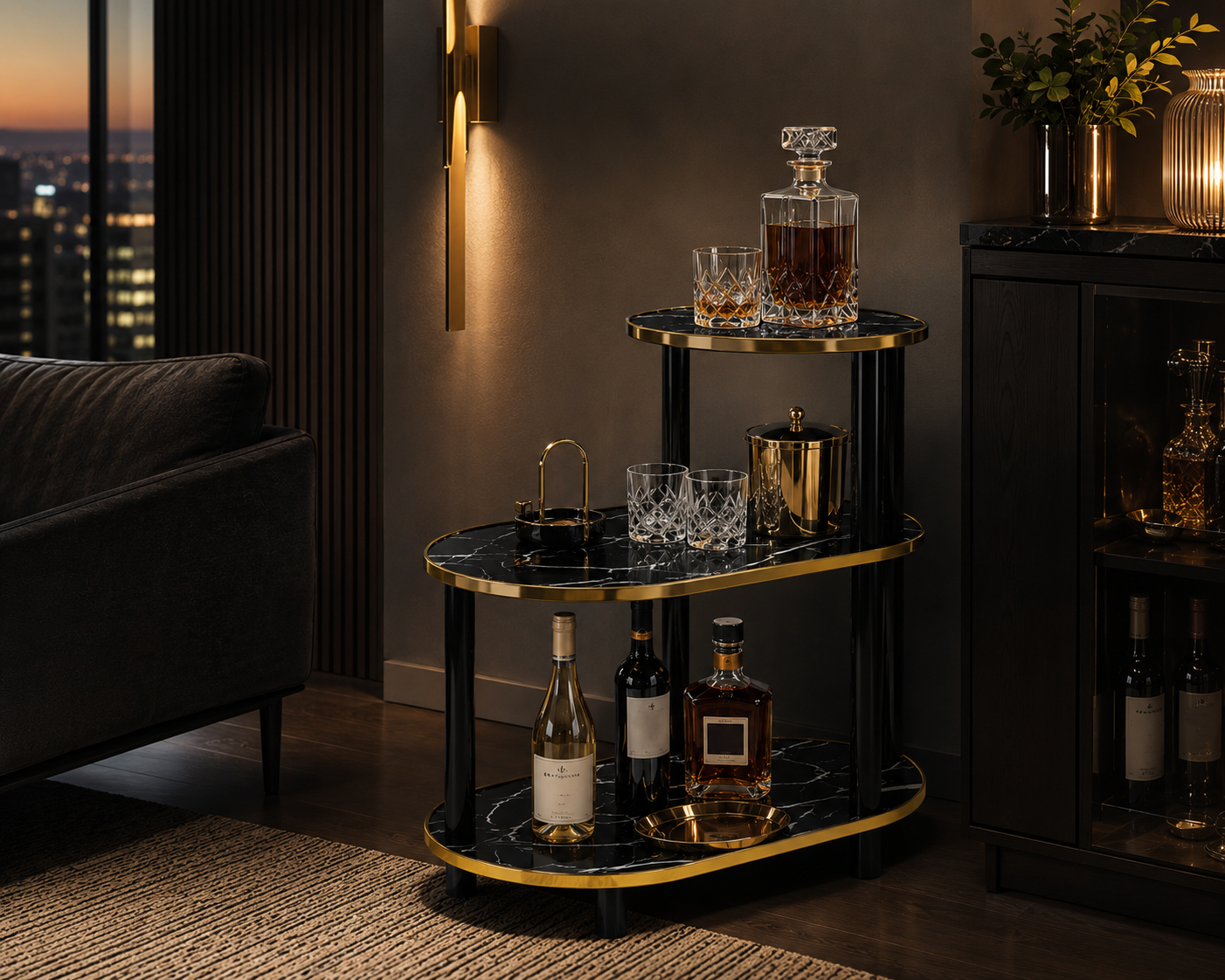 Tavolino da Salotto Nero Marmo Oro, Tavolino Laterale Moderno a 3 Ripiani, Mobile Bar Elegante Multiuso, Comodino Design Scandinavo con Struttura in Metallo Nero e Bordi Oro, 60x30x68 cm