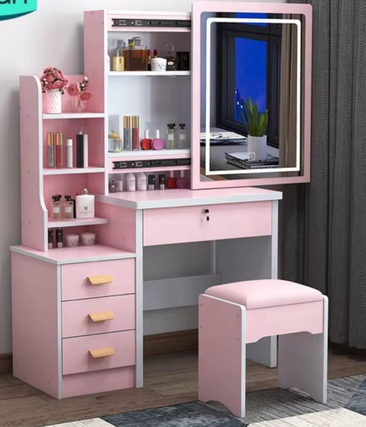 Tavolo da Toeletta con Specchio e Sgabello – Vanity Make Up con 3 Cassetti e Ripiani Portaoggetti – Design Moderno per Camera da Letto – Disponibile in Bianco e Rosa
