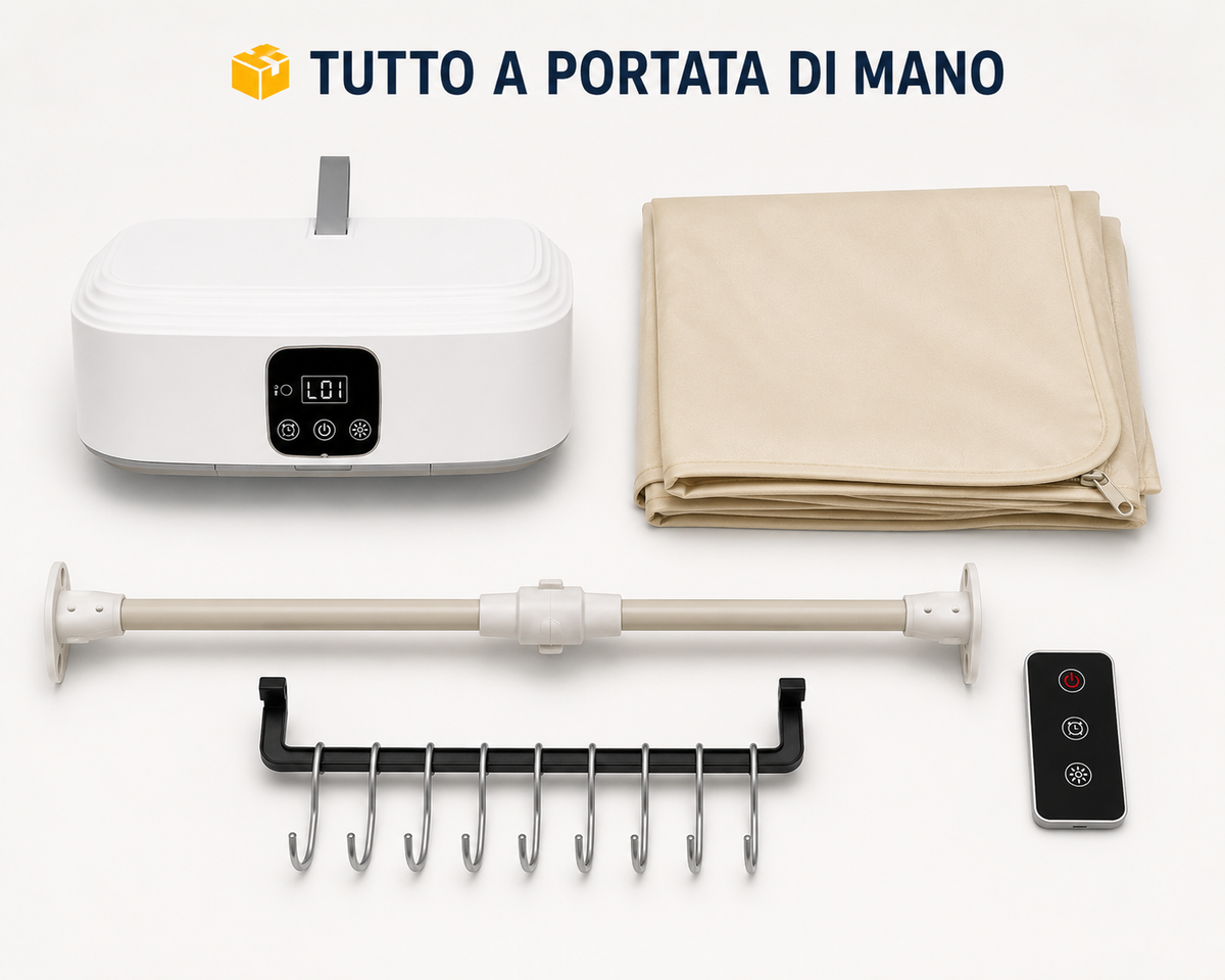 Asciugabiancheria Portatile per Vestiti con Telecomando e Display Digitale, Armadio Asciugatore Verticale con Copertura in Tessuto e Sistema Appendibiti, Design Compatto Salvaspazio per Casa e Lavanderia