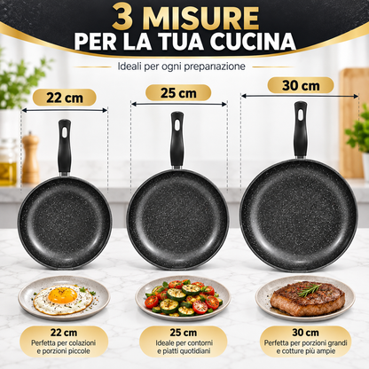 BDIT Accessori Set Pentole e Padelle 9 Pezzi Effetto Granito, Batteria da Cucina con Coperchi in Vetro, Padelle 22/25/30 cm, Casseruole 20/24 cm e Pentolino 14 cm, Nero Grigio