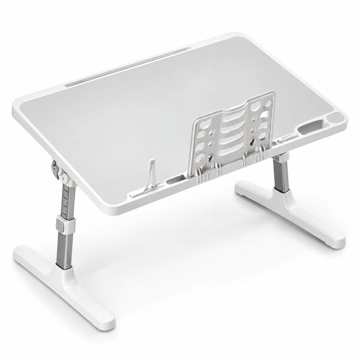 BDIT Accessori Tavolino Pieghevole per Laptop, Tavolino da Letto Regolabile con Piano Inclinabile 0-36°, Supporto Smartphone e Ferma Oggetti, per Studio, Lavoro, Divano e Letto, 56x31x17 cm, Bianco
