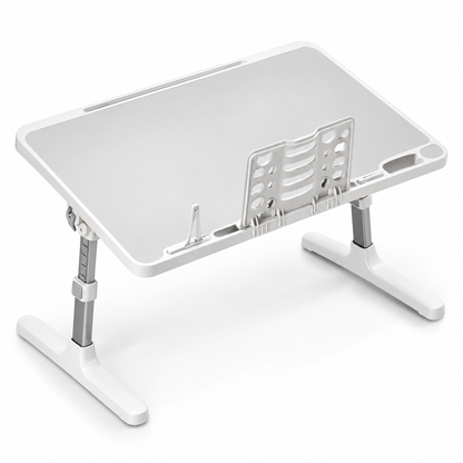 BDIT Accessori Tavolino Pieghevole per Laptop, Tavolino da Letto Regolabile con Piano Inclinabile 0-36°, Supporto Smartphone e Ferma Oggetti, per Studio, Lavoro, Divano e Letto, 56x31x17 cm, Bianco
