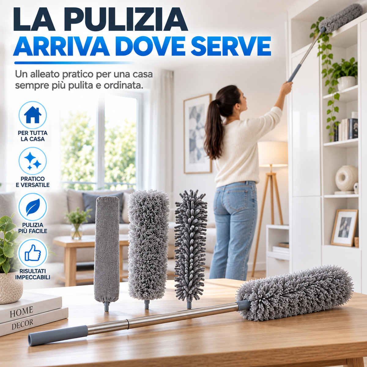 BDIT Accessori Set Piumino Catturapolvere Telescopico con 3 Testine Intercambiabili, Spolverino in Microfibra con Manico Estensibile, per Mobili, Letto, Lampade e Pulizia Casa, Grigio