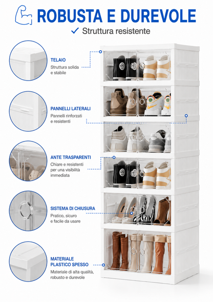 Scarpiera Pieghevole 6 Piani con 12 Scomparti, Mobile Porta Scarpe ad Apertura a Fisarmonica, Ante Trasparenti, Salvaspazio 117 × 43 × 34,5 cm, Organizzatore per Ingresso, Camera e Cabina Armadio
