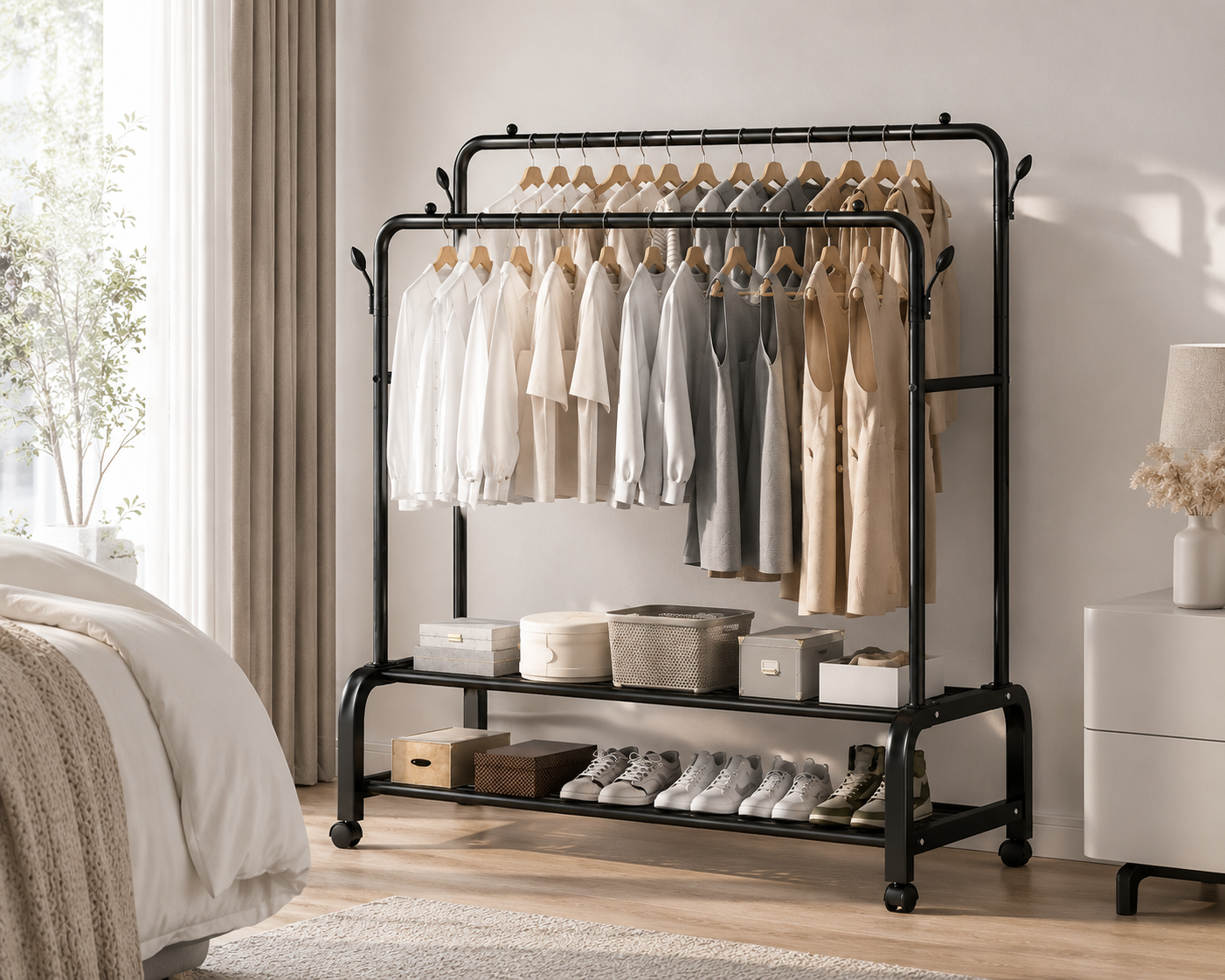 Appendiabiti Doppio con Ruote in Metallo Nero, Stand Appendiabiti Salvaspazio con 2 Barre e Ripiani Porta Scarpe, Attaccapanni Moderno per Camera da Letto, Ingresso, Negozio e Cabina Armadio