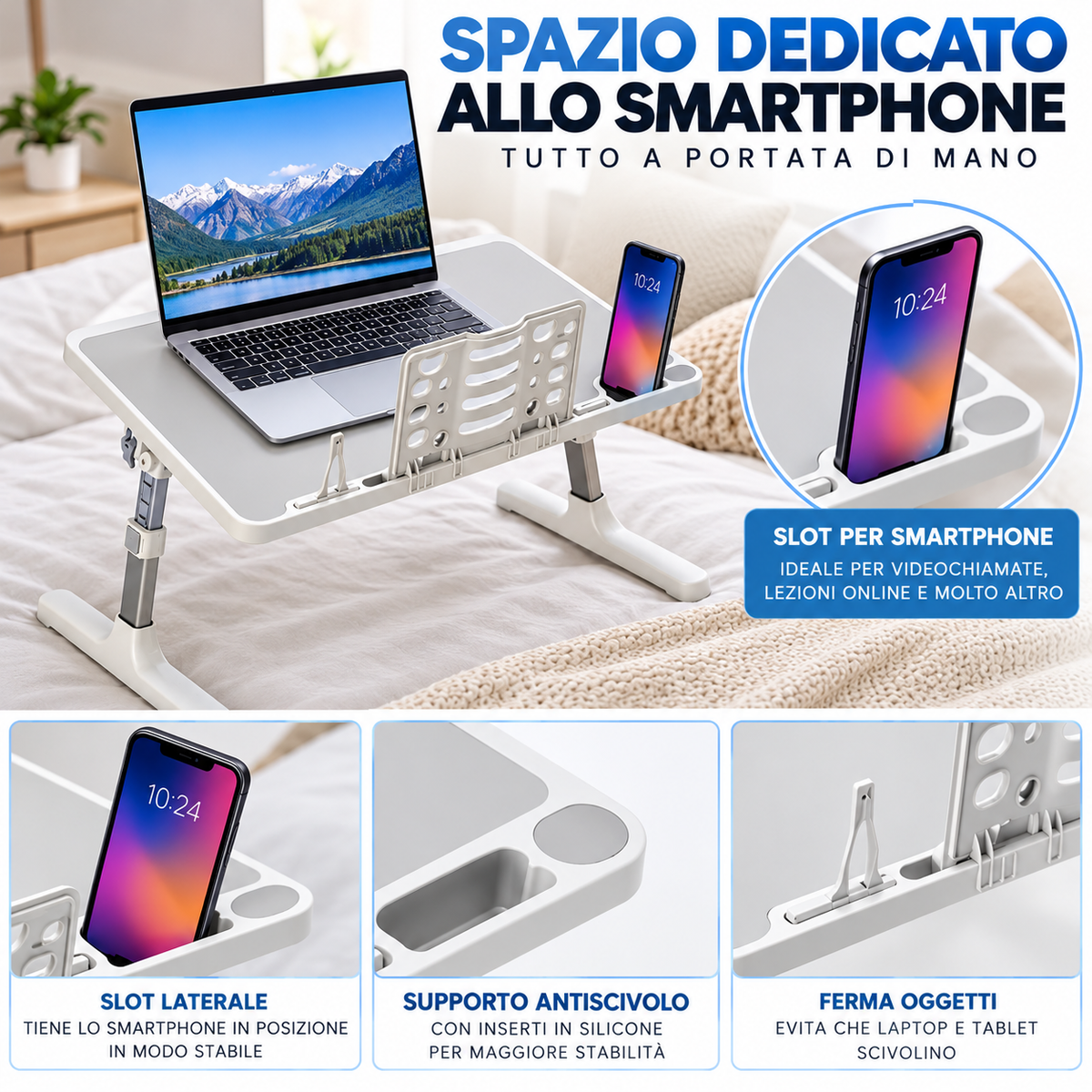 BDIT Accessori Tavolino Pieghevole per Laptop, Tavolino da Letto Regolabile con Piano Inclinabile 0-36°, Supporto Smartphone e Ferma Oggetti, per Studio, Lavoro, Divano e Letto, 56x31x17 cm, Bianco