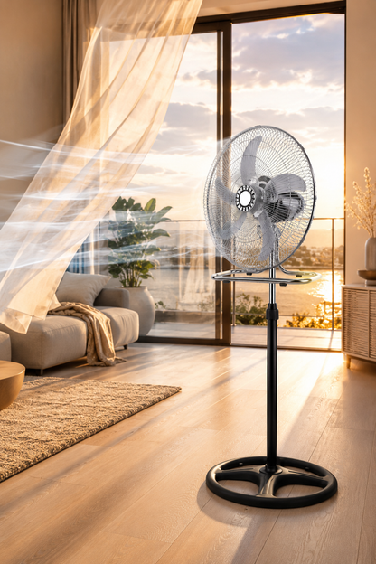 Ventilatore 3 in 1 da Terra e Tavolo Cromato, Ventilatore Oscillante con Piedistallo Regolabile, Ventola Silenziosa ad Alta Potenza, Design Moderno in Metallo per Casa Ufficio Camera