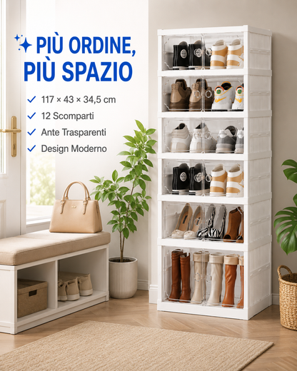 Scarpiera Pieghevole 6 Piani con 12 Scomparti, Mobile Porta Scarpe ad Apertura a Fisarmonica, Ante Trasparenti, Salvaspazio 117 × 43 × 34,5 cm, Organizzatore per Ingresso, Camera e Cabina Armadio