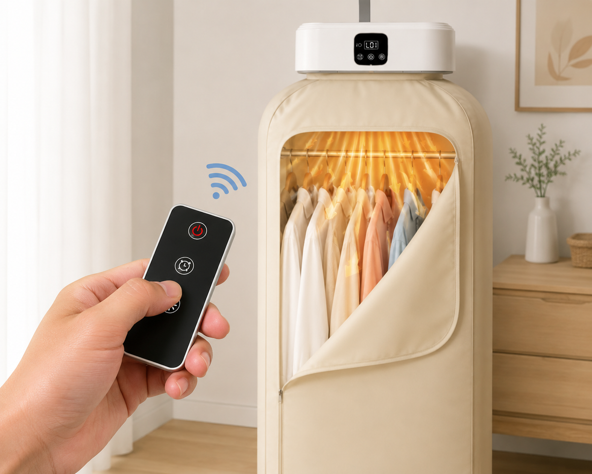 Asciugabiancheria Portatile per Vestiti con Telecomando e Display Digitale, Armadio Asciugatore Verticale con Copertura in Tessuto e Sistema Appendibiti, Design Compatto Salvaspazio per Casa e Lavanderia