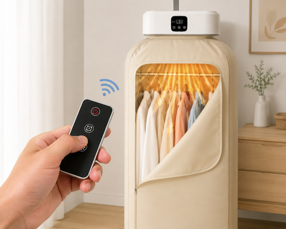 Asciugabiancheria Portatile per Vestiti con Telecomando e Display Digitale, Armadio Asciugatore Verticale con Copertura in Tessuto e Sistema Appendibiti, Design Compatto Salvaspazio per Casa e Lavanderia