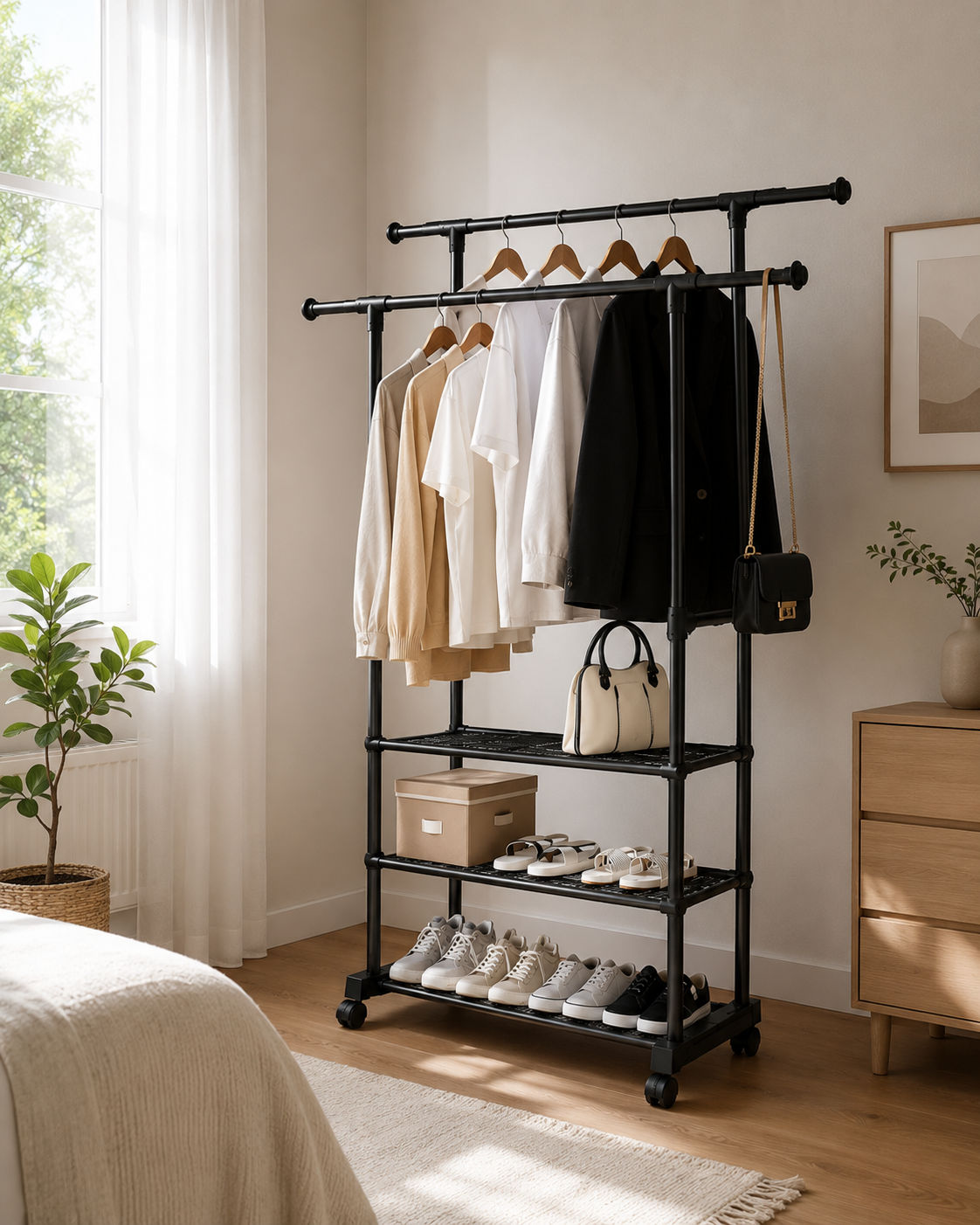 Appendiabiti da Terra con Ruote e Ripiani – Stand Appendiabiti Doppio Bastone in Acciaio Nero – Attaccapanni Salvaspazio per Camera, Ingresso e Cabina Armadio – 42x76x150 cm