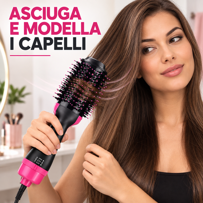 BDIT Accessori Spazzola ad Aria Calda per Capelli, Spazzola Asciugacapelli e Styler One Step, Testa Ovale con Setole, Impugnatura Ergonomica e Livelli Regolabili, Nero e Rosa