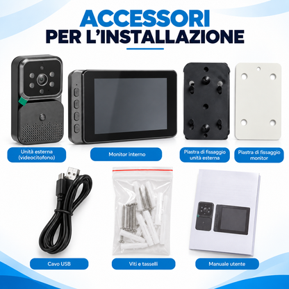 BDIT Accessori Videocitofono Wireless con Monitor, Video Doorbell 2.4G con Unità Esterna e Display Interno, Videocamera per Porta con Monitor, Kit di Installazione e Accessori per Casa