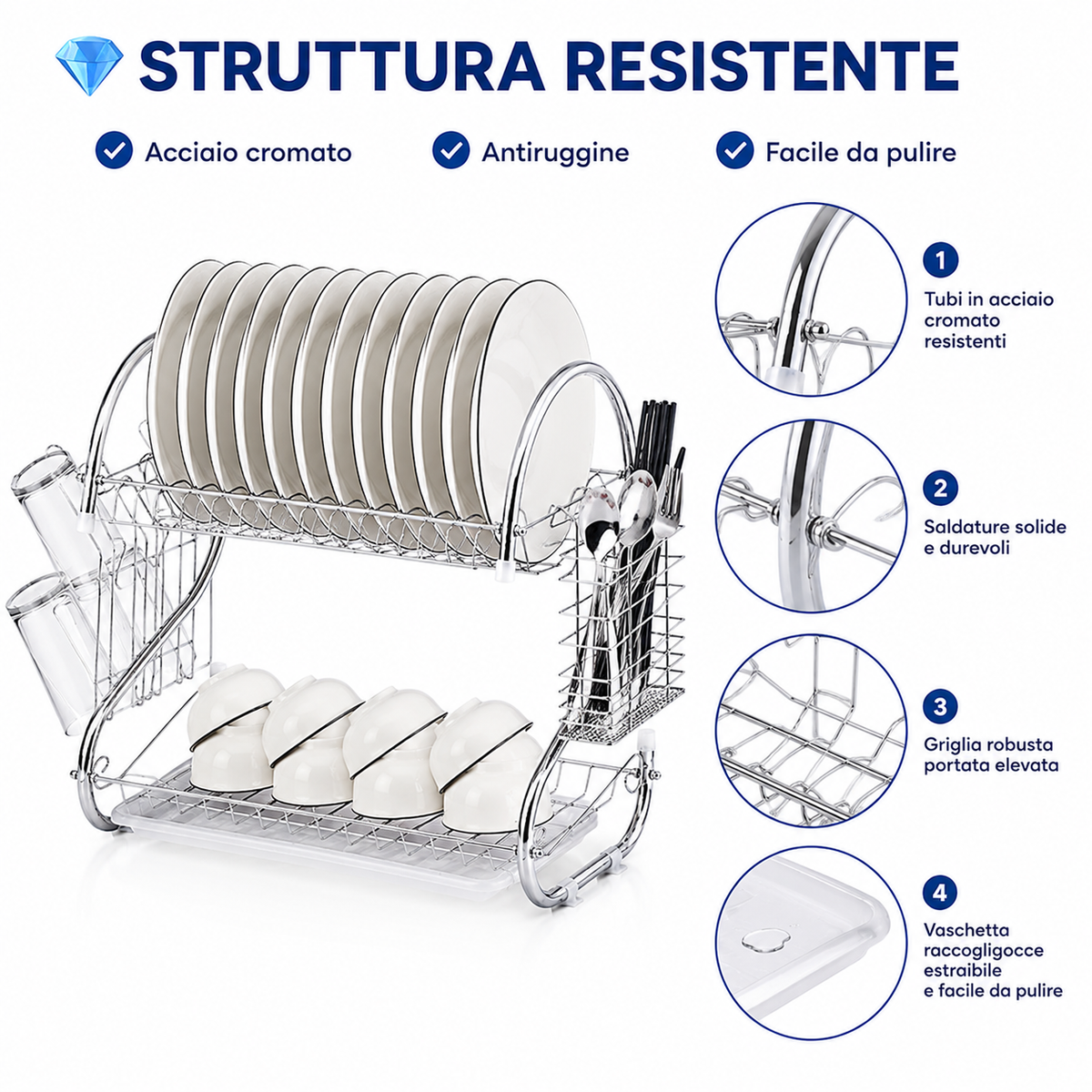 Scolapiatti da Cucina 2 Livelli 40 cm, Scolapiatti in Acciaio Cromato con Vaschetta Raccogligocce, Portaposate, Porta Bicchieri e Ganci Porta Tazze, Sgocciolatoio Salvaspazio per Piano Cucina
