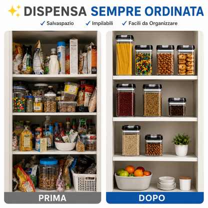 Set 7 Contenitori Ermetici per Alimenti con Coperchio Airtight, Barattoli Salvaspazio Impilabili per Pasta, Cereali, Caffè, Biscotti e Legumi, Contenitori Trasparenti per Cucina e Dispensa