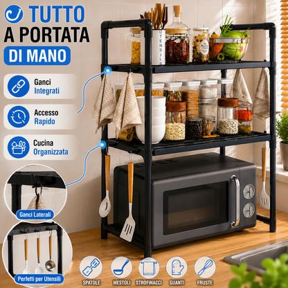 Scaffale Porta Microonde da Cucina 3 Ripiani con Ganci Laterali, Organizer Salvaspazio in Metallo, Mensola per Microonde e Dispensa, Porta Spezie e Accessori Cucina, 50,5 x 27 x 73 cm Nero