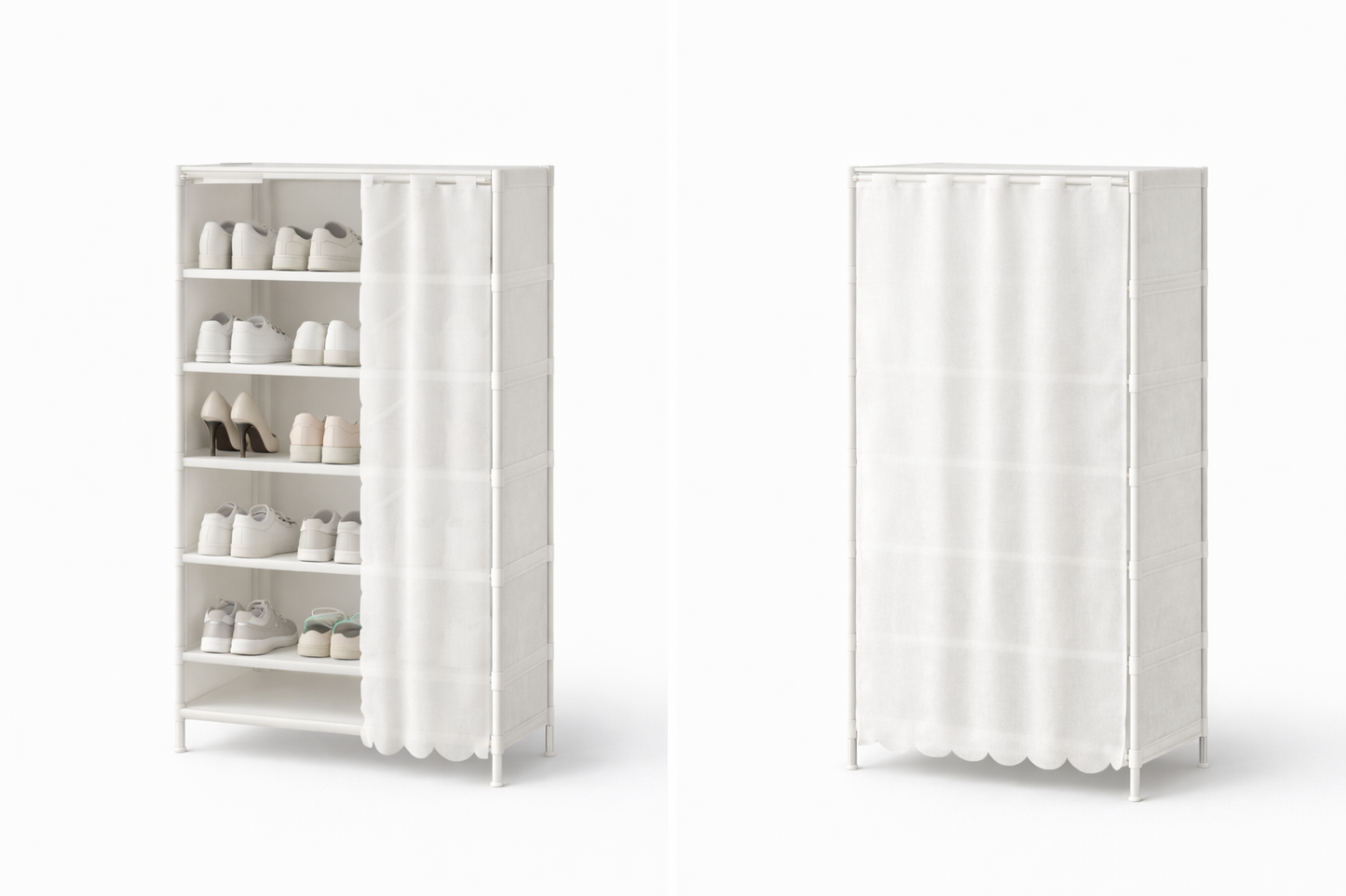 Scarpiera 7 Ripiani con Tenda – Colore Bianco – Struttura in Metallo e Ripiani in Stoffa – Organizer Salvaspazio 58x26x110 cm per Ingresso, Camera e Ripostiglio