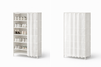Scarpiera 7 Ripiani con Tenda – Colore Bianco – Struttura in Metallo e Ripiani in Stoffa – Organizer Salvaspazio 58x26x110 cm per Ingresso, Camera e Ripostiglio