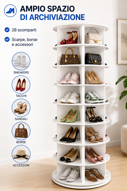BDIT Accessori Scarpiera Girevole 360°, Scarpiera Rotante a 7 Livelli con 28 Scomparti, 147,4 × 59 cm, Mobile Porta Scarpe Salvaspazio, Organizzatore per Scarpe, Borse e Accessori, Bianca, per Ingresso, Camera e Cabina Armadio