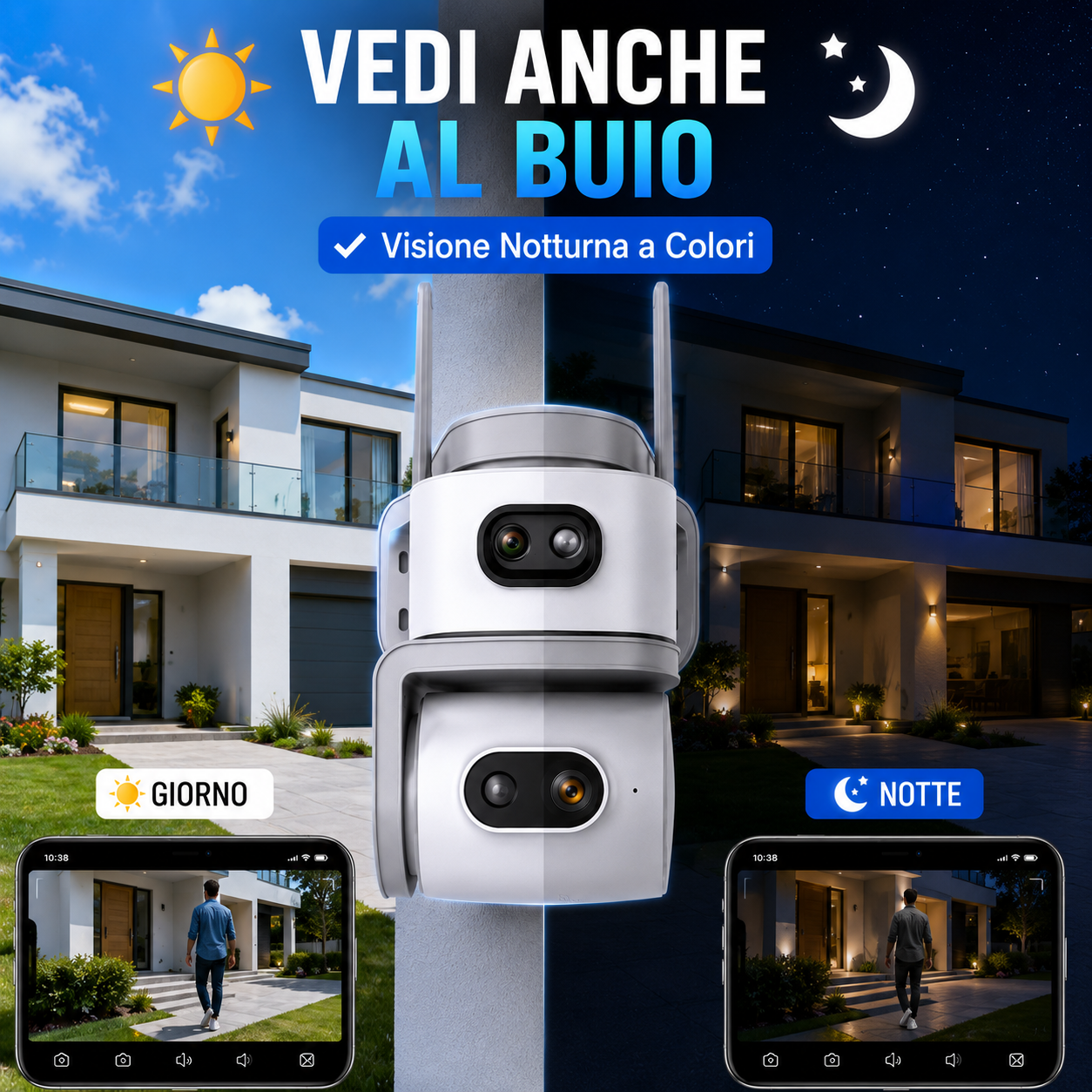 Telecamera WiFi Esterno Dual Lens, Telecamera di Sorveglianza 355° PTZ con Visione Notturna a Colori, Rilevamento Movimento, Audio Bidirezionale, WiFi 2.4 GHz, Controllo da App per Casa, Garage e Negozio
