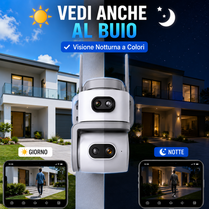 Telecamera WiFi Esterno Dual Lens, Telecamera di Sorveglianza 355° PTZ con Visione Notturna a Colori, Rilevamento Movimento, Audio Bidirezionale, WiFi 2.4 GHz, Controllo da App per Casa, Garage e Negozio